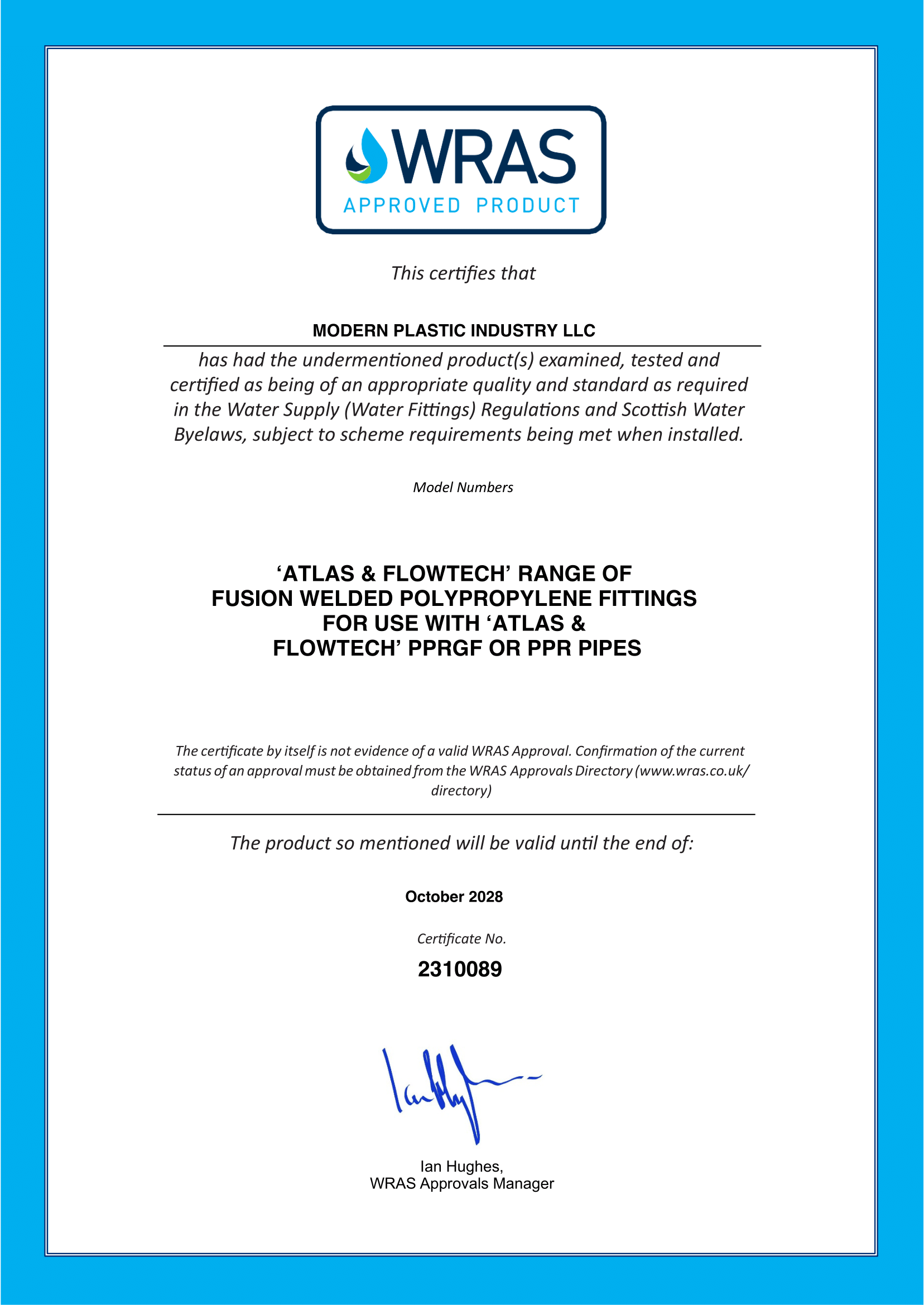 WRAS PRODUCT ‘ATLAS & FLOWTECH’ PP-R FITTINGS PPRGF OR PPR PIPES APPROVAL  NO 2310089